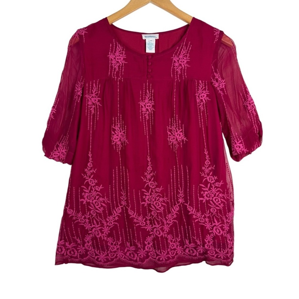 Sundance Cora Floral Embroidered Cuprio Short Sleeve Tunic Size XS Magenta Pink